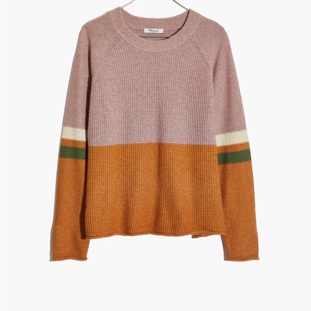 Madewell Striped Roll-Trim Waffle Pullover Sweater in Cotton-Merino Yarn